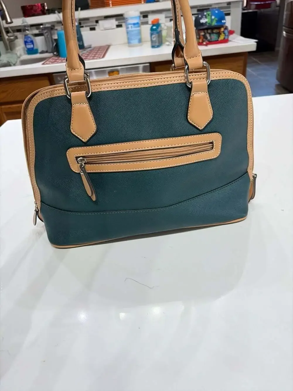 Giani Bernini Saffiano Faux Leather Dome Satchel Handbag, Teal/Tan, 12.5